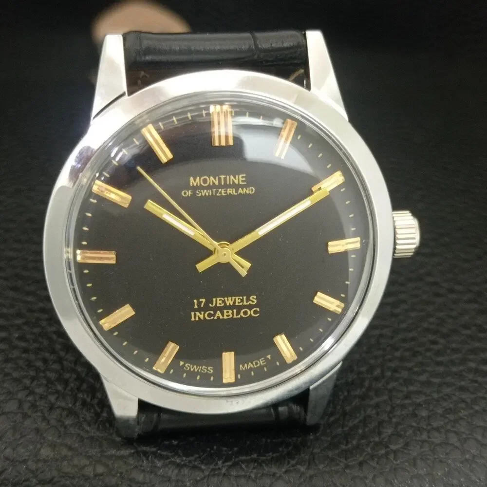 Vintage 1976 Montine Of Switzerland Manual Mens Silver Watch W/Leather Strap
